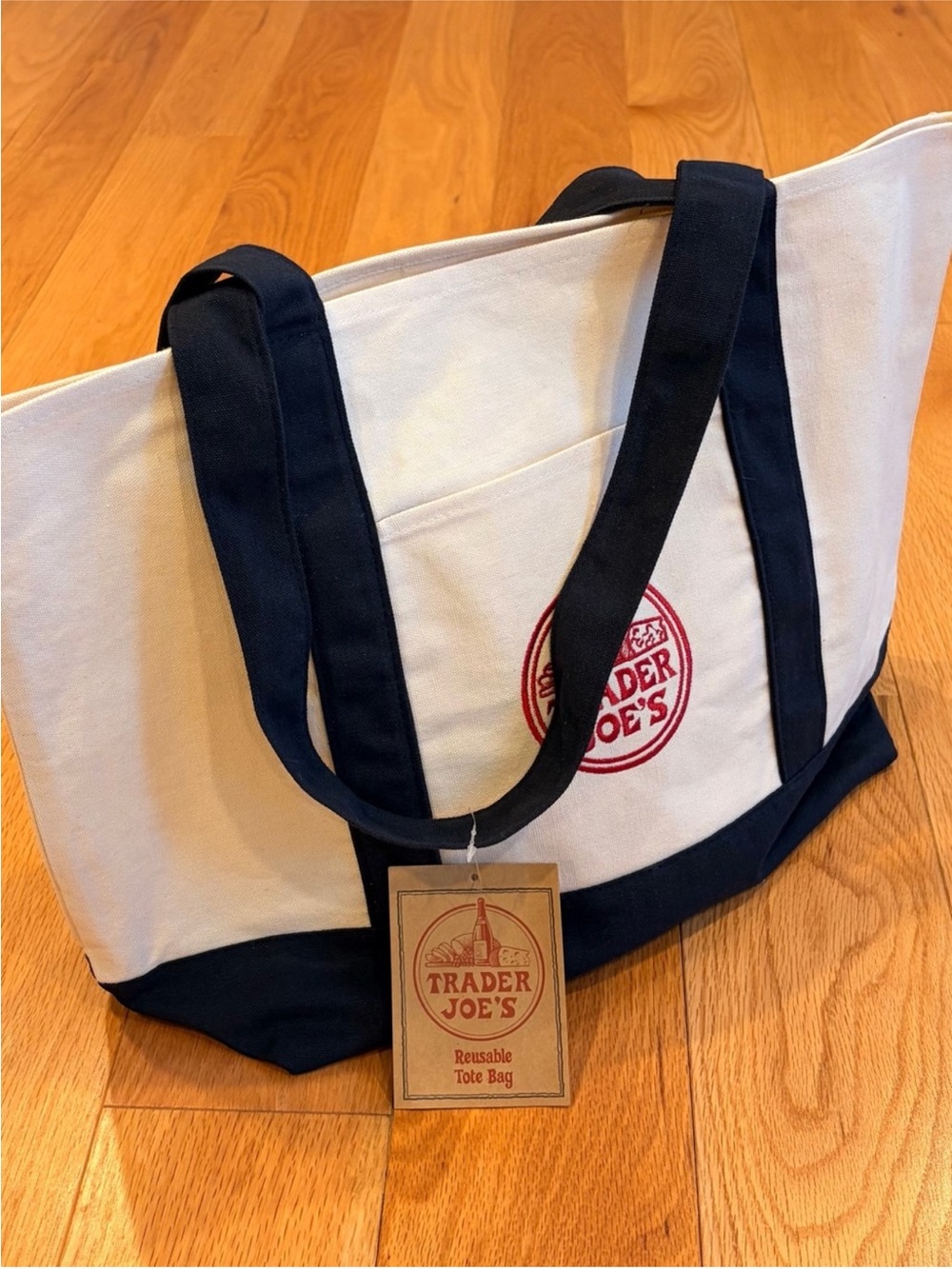 Trader Joe's Cream and Navy Canvas Tote Bag with Red Logo